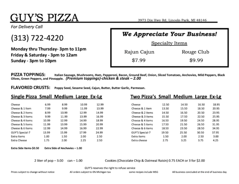Guy's Pizza Lincoln Park, MI Pizzas Chicken Ribs Subs