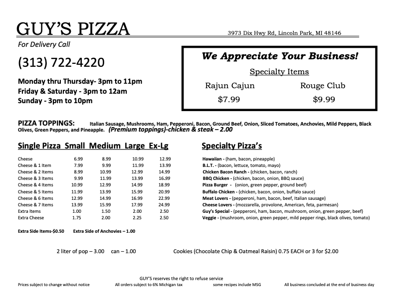 Menu Guy's Pizza